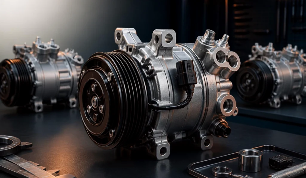 Guia de identificação de compressor de ar condicionado com polia, pontos de montagem e ligação elétrica
