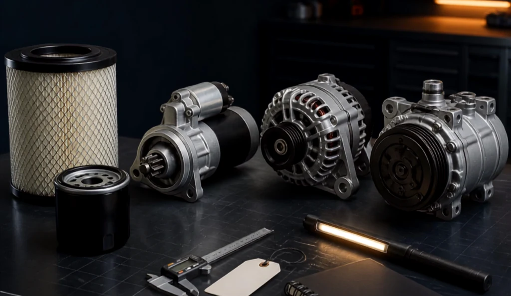 Guia de identificação de componentes industriais com filtros, motor de arranque, alternador e compressor de ar condicionado