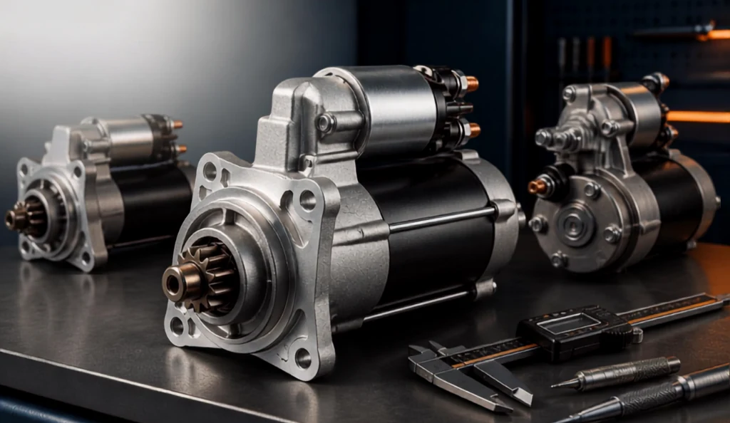 Guia de identificação de motor de arranque com engrenagem, solenoide, flange de montagem e instrumentos de medição